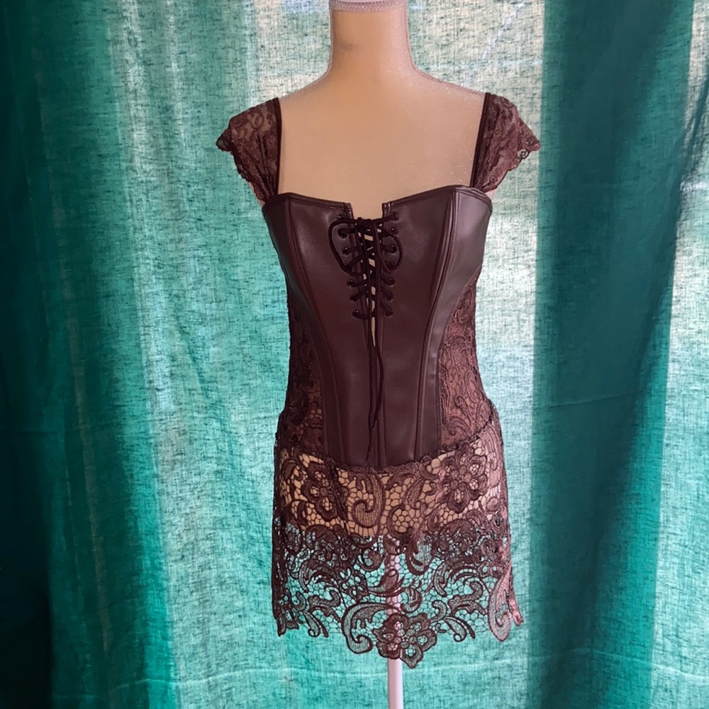 MissMoly Sexy Faux Leather & Lace Corset Lace Skirt Gothic/Steampunk/ Burlesque